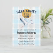 002 Cerulean 020 Fog Sun Plaid Stork Baby Shower Kaart (Staand voorkant)