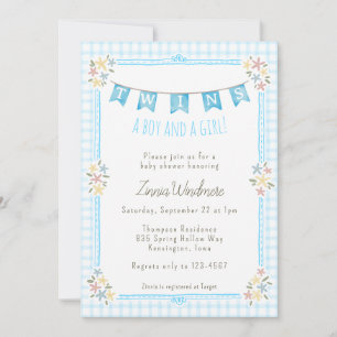 002 Cerulean Blauw Gingham Bloemen Tweeling Baby S Kaart