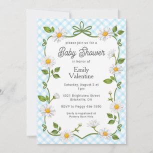 002 Cerulean Blauwe Bloemige Daisy Geruite Baby Sh Kaart