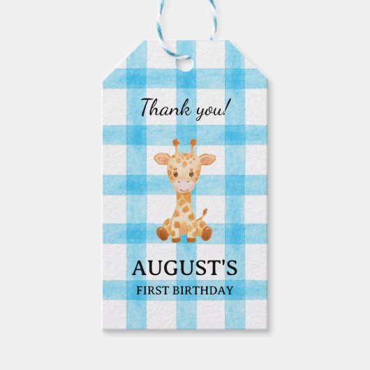 002 Cerulean Blauwe Geruite Giraffe Cadeaubijslage Cadeaulabel (Voorkant)