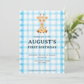 002 Cerulean Blauwe Geruite Giraffe Verjaardagsuit Kaart (Staand voorkant)