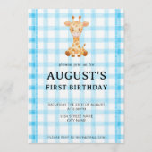 002 Cerulean Blue Check Giraffe Birthday Invite Kaart (Voorkant)