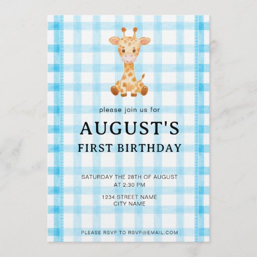 002 Cerulean Blue Check Giraffe Birthday Invite Kaart (Voorkant)