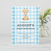 002 Cerulean Blue Check Giraffe Birthday Invite Kaart (Staand voorkant)