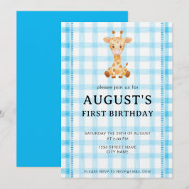 002 Cerulean Blue Check Giraffe Birthday Invite Kaart