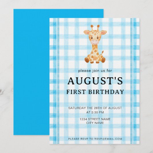 002 Cerulean Blue Check Giraffe Birthday Invite Kaart (Voorkant / Achterkant)