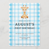 002 Cerulean Blue Check Giraffe Birthday Invite Kaart (Voorkant)