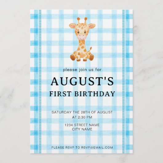 002 Cerulean Blue Check Giraffe Birthday Invite Kaart (Voorkant)