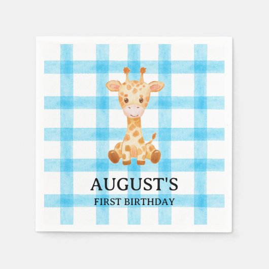 002 Cerulean Blue Check Giraffe Napkin Servet (Voorkant)