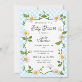 002 Cerulean Blue Floral Daisy Plaid Baby Shower Kaart