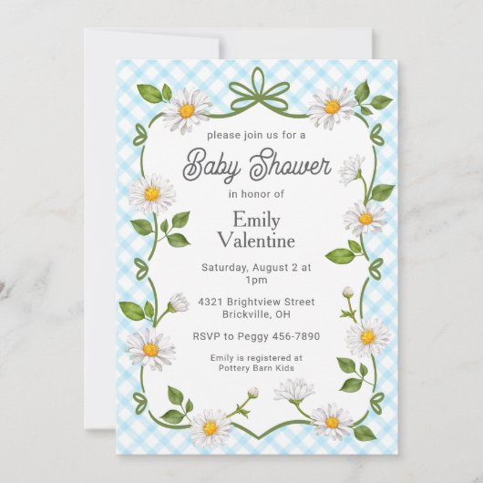 002 Cerulean Blue Floral Daisy Plaid Baby Shower Kaart (Voorkant)