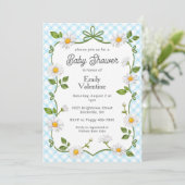 002 Cerulean Blue Floral Daisy Plaid Baby Shower Kaart (Staand voorkant)