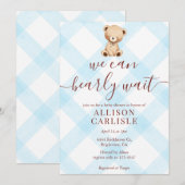 002 Cerulean Blue Teddy Bear Gingham Baby Shower Kaart (Voorkant / Achterkant)