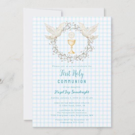 002 Cerulean Dove & Chalice Gingham Eerste Communi Kaart (Voorkant)
