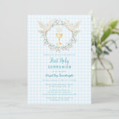 002 Cerulean Dove & Chalice Gingham Eerste Communi Kaart (Staand voorkant)