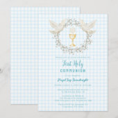 002 Cerulean Dove & Chalice Gingham Eerste Communi Kaart (Voorkant / Achterkant)