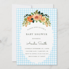 002 Cerulean Floral Gingham Baby Shower Invitation Kaart