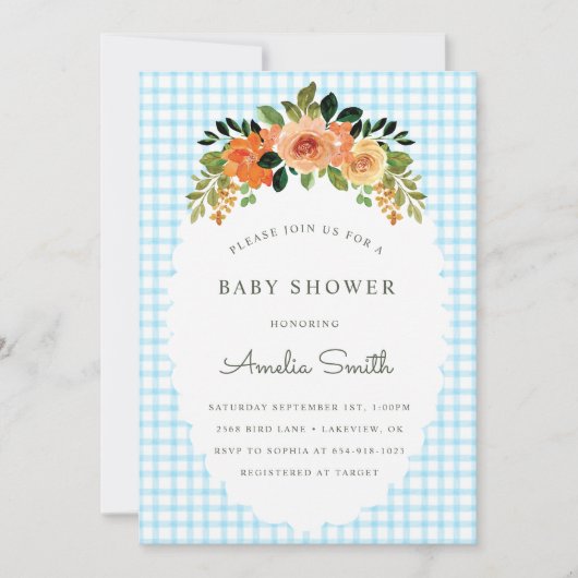 002 Cerulean Floral Gingham Baby Shower Invitation Kaart (Voorkant)