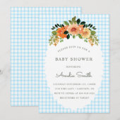 002 Cerulean Floral Gingham Baby Shower Invitation Kaart (Voorkant / Achterkant)