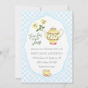 002 Cerulean Mooie Gingham Theepartij Baby Shower Kaart