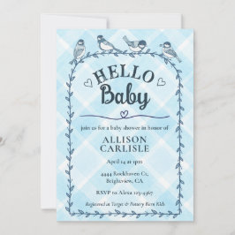002 Cerulean Watercolor Gingham Birds Baby Shower Kaart