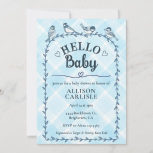 002 Cerulean Watercolor Gingham Vogels Baby Shower Kaart
