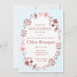 002 Cerulean Wildflower Bow Gingham Baby Shower Kaart