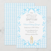 002 Hemelsblauwe Scroll Gingham Kaars Doop Kaart (Voorkant / Achterkant)