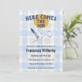 003 Cobalt 020 Fog Sun Plaid Stork Baby Shower Kaart (Staand voorkant)