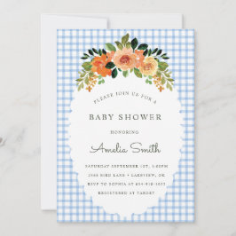 003 Cobalt Bloemige Gingham Baby Shower Uitnodigin Kaart