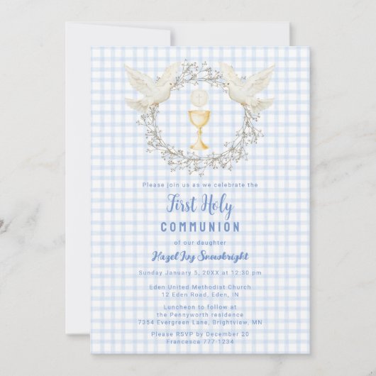 003 Cobalt Duif & Kelk Gingham Eerste Communie Kaart (Voorkant)