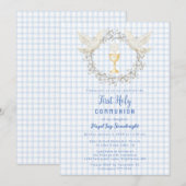 003 Cobalt Duif & Kelk Gingham Eerste Communie Kaart (Voorkant / Achterkant)