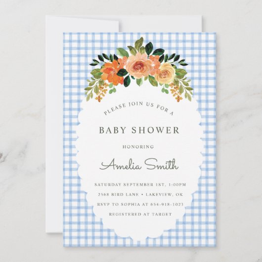 003 Cobalt Floral Gingham Baby Shower Invitations Kaart (Voorkant)
