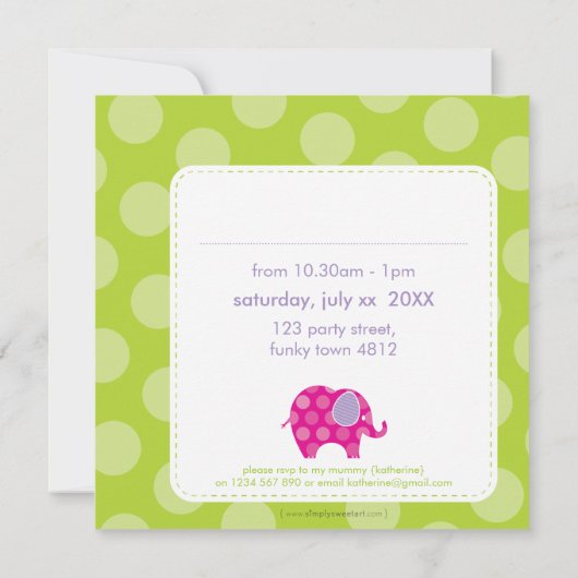 003-Katie :: VERJAARDAGSFEEST NODIGT UIT - olifant Kaart (Achterkant)