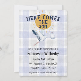 004 Indigo 020 Fog Sun Plaid Stork Baby Shower Kaart