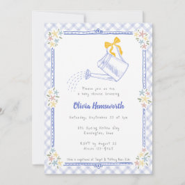 004 Indigo Blauwe Gingham Gietkan Baby Shower Kaart