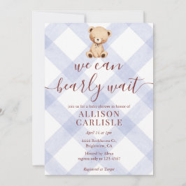 004 Indigo Blauwe Teddybeer Gingham Baby Shower Kaart