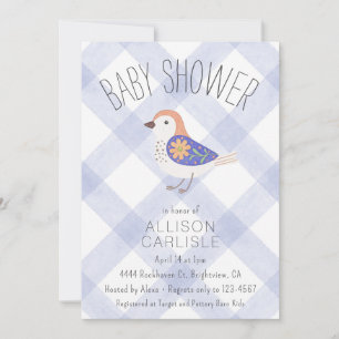 004 Indigo Cute Bloemrijke Vogel Gingham Baby Show Kaart