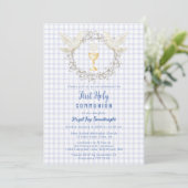 004 Indigo Duif & Chalice Gingham Eerste Communie Kaart (Staand voorkant)