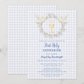 004 Indigo Duif & Chalice Gingham Eerste Communie Kaart (Voorkant / Achterkant)