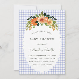 004 Indigo Floral Gingham Baby Shower Invitations Kaart