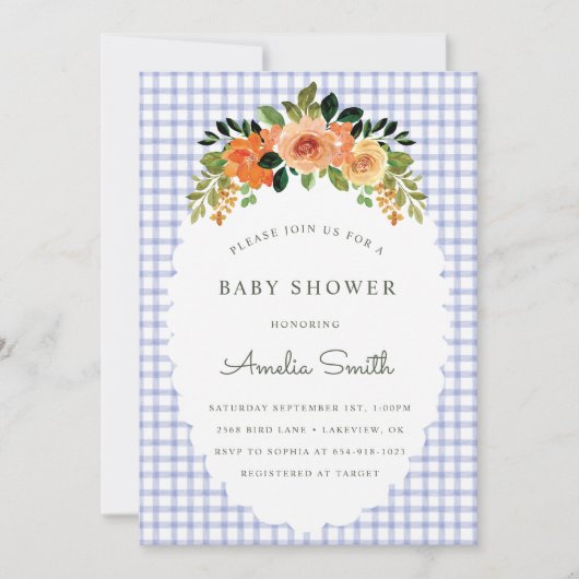 004 Indigo Floral Gingham Baby Shower Invitations Kaart (Voorkant)
