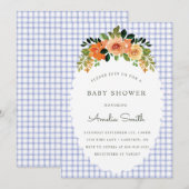 004 Indigo Floral Gingham Baby Shower Invitations Kaart (Voorkant / Achterkant)