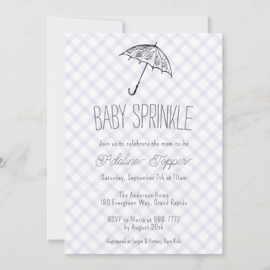 004 Indigo Moderne Paraplu Baby Sprinkle Gingham Kaart (Voorkant)