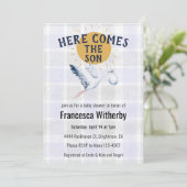 005 Iris 020 Fog Sun Plaid Stork Baby Shower Kaart (Staand voorkant)