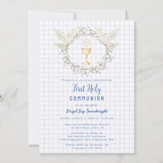005 Iris Dove & Chalice Gingham Eerste Communie Kaart (Voorkant)