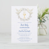 005 Iris Dove & Chalice Gingham Eerste Communie Kaart (Staand voorkant)