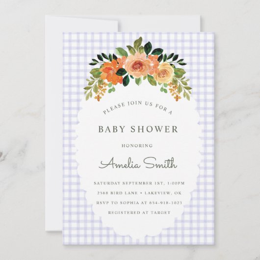 005 Iris Floral Gingham Baby Shower Invitations Kaart (Voorkant)