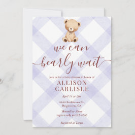 005 Iris Lavender Teddy Bear Gingham Baby Shower Kaart