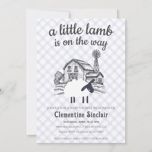 005 Iris Paars Een Klein Lam Gingham Baby Shower Kaart (Voorkant)